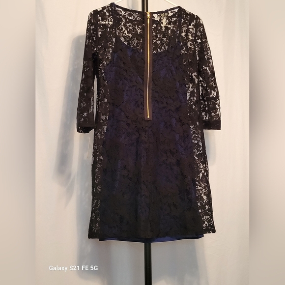 Elegant Black Lace Dress With a Navy Slip Underneath, Size 4P, NWT - Picture 3 of 7